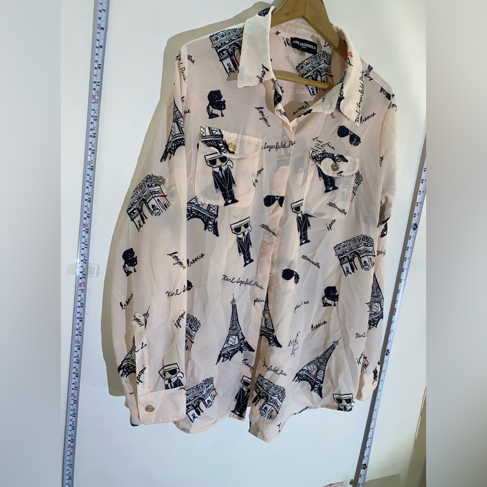 Karl Lagerfeld Paris Long Sleeve Blouse Pink Eiffel Tower Top Women's Size L - Picture 13 of 15